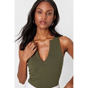 Lulus Trendy Endeavor Olive Green Ribbed Notched Tank Top - Size XS